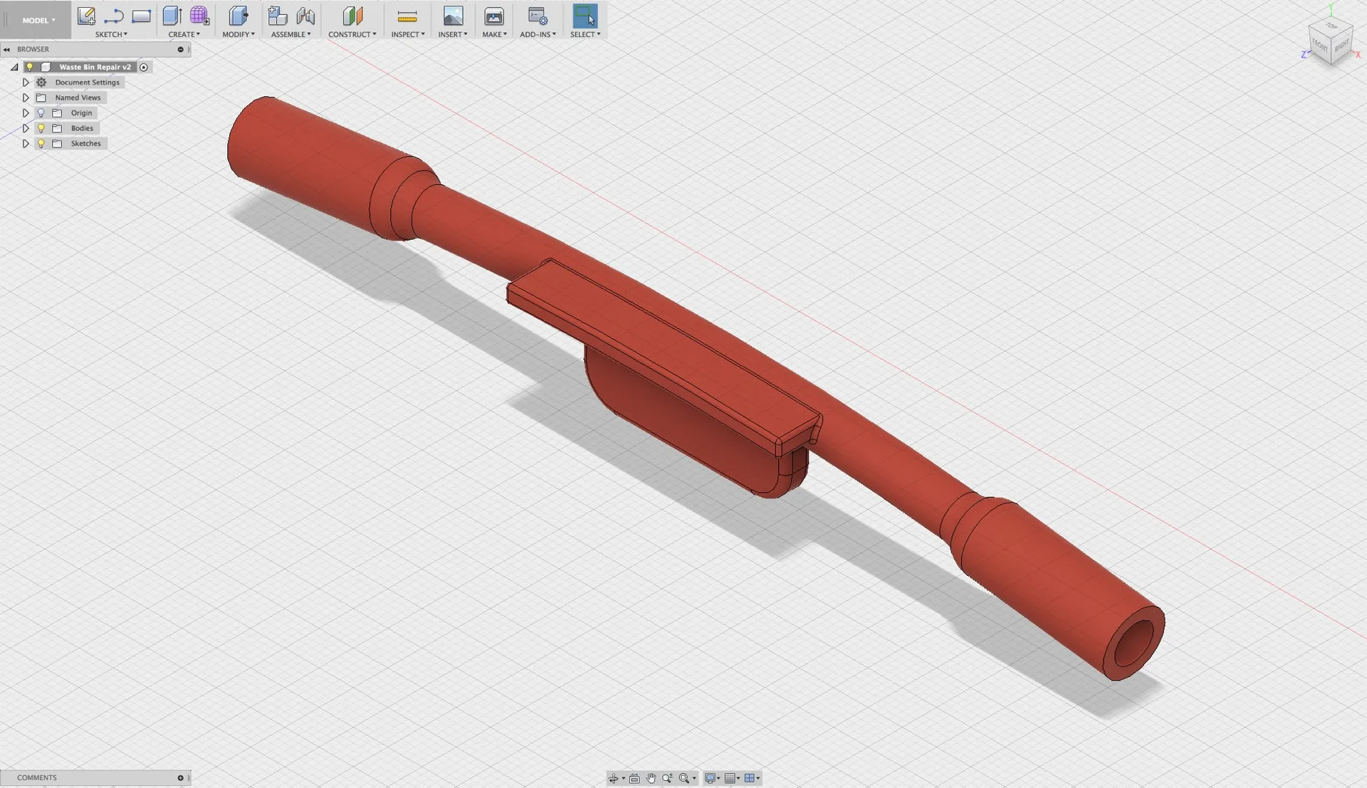 Fusion 360 3D view of the repair part