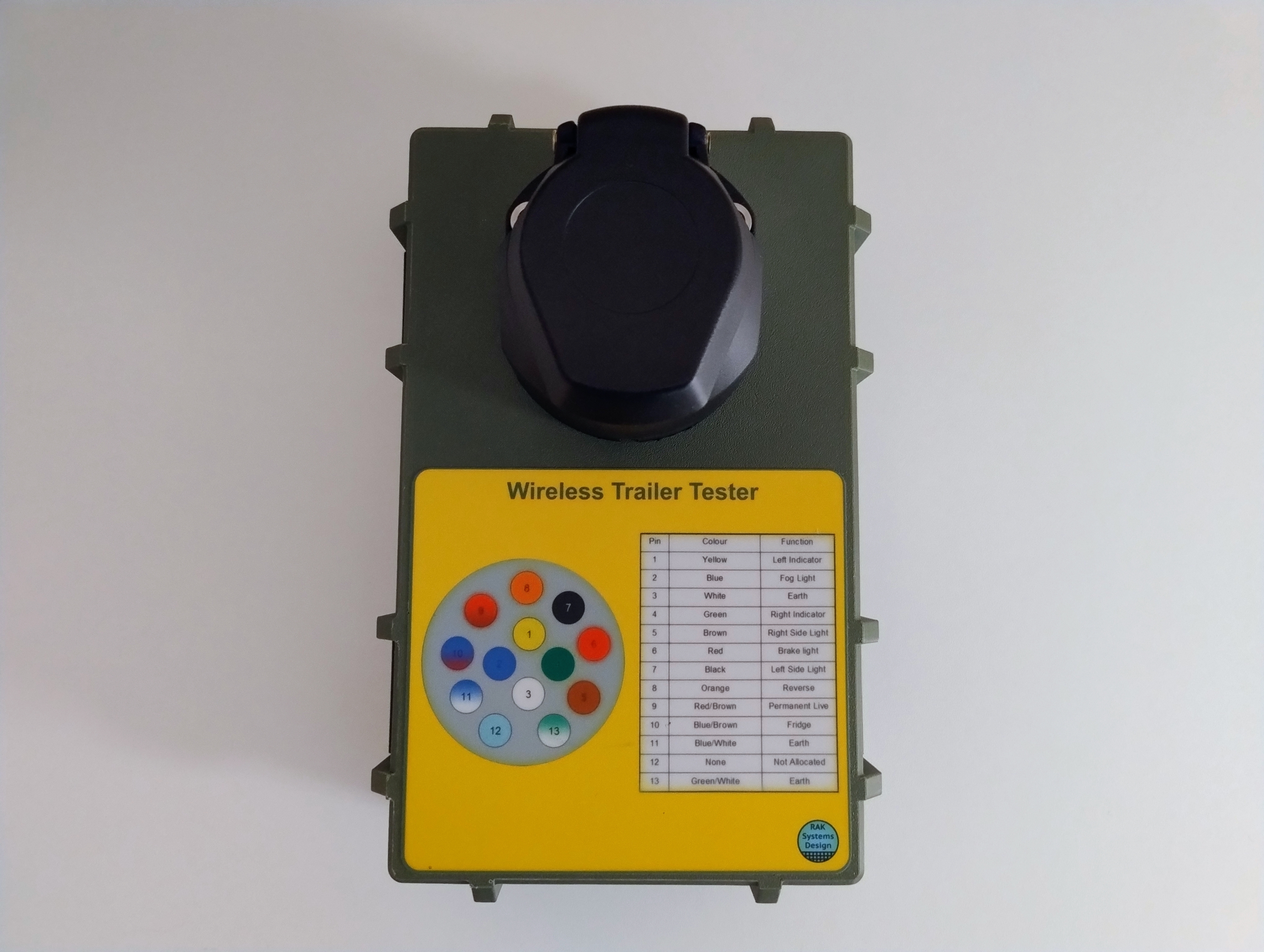 Completed wireless trailer tester showing front label with pin designations
